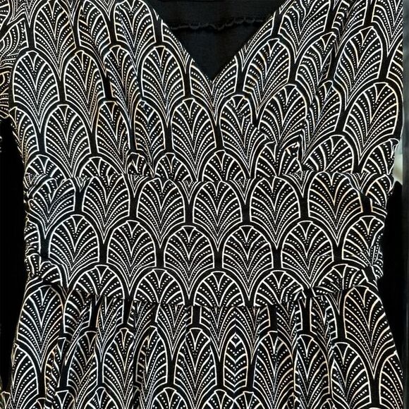 Anthropologie Maeve Black White Art Deco Surplice V Neck 3/4 Sleeve Dress - Picture 5 of 8
